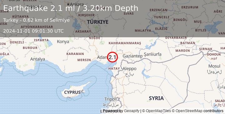 Earthquake CENTRAL TURKEY (2.1 ml) (2024-11-01 09:01:30 UTC)