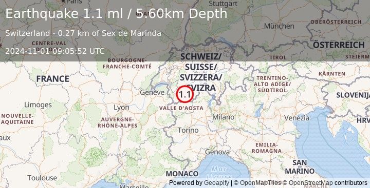 Earthquake SWITZERLAND (1.1 ml) (2024-11-01 09:05:52 UTC)