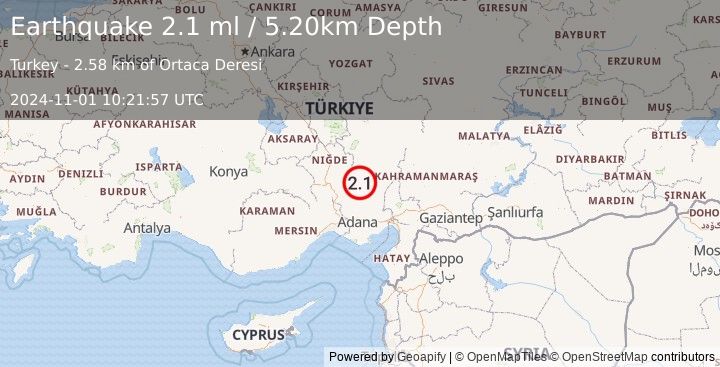 Earthquake CENTRAL TURKEY (2.1 ml) (2024-11-01 10:21:57 UTC)