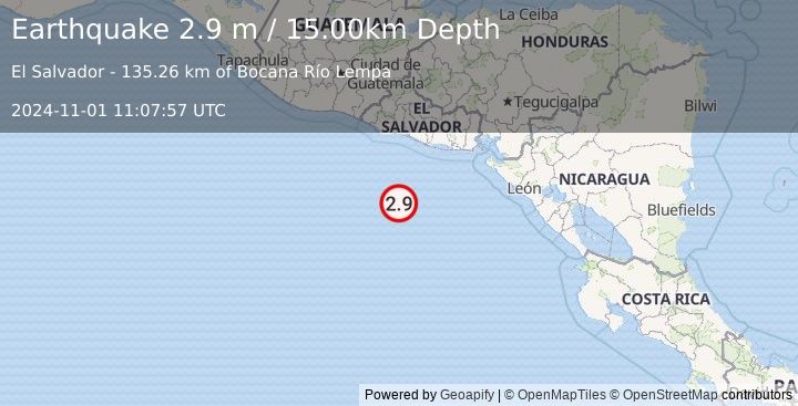 Earthquake OFF THE COAST OF EL SALVADOR (2.9 m) (2024-11-01 11:07:57 UTC)