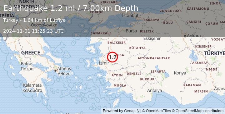 Earthquake WESTERN TURKEY (1.2 ml) (2024-11-01 11:25:23 UTC)