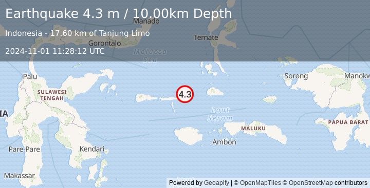 Earthquake KEPULAUAN SULA, INDONESIA (4.3 m) (2024-11-01 11:28:12 UTC)