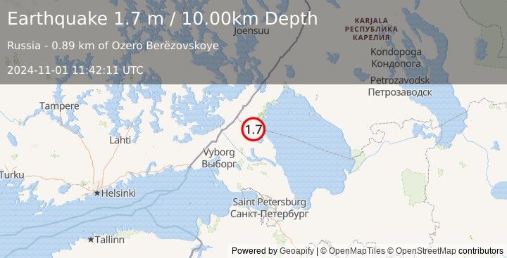 Earthquake FINLAND-RUSSIA BORDER REGION (1.7 m) (2024-11-01 11:42:11 UTC)