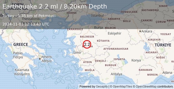 Earthquake WESTERN TURKEY (2.2 ml) (2024-11-01 12:13:43 UTC)