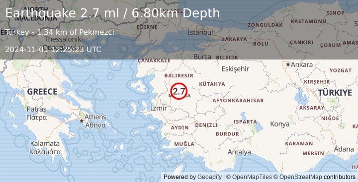 Earthquake WESTERN TURKEY (2.7 ml) (2024-11-01 12:25:23 UTC)