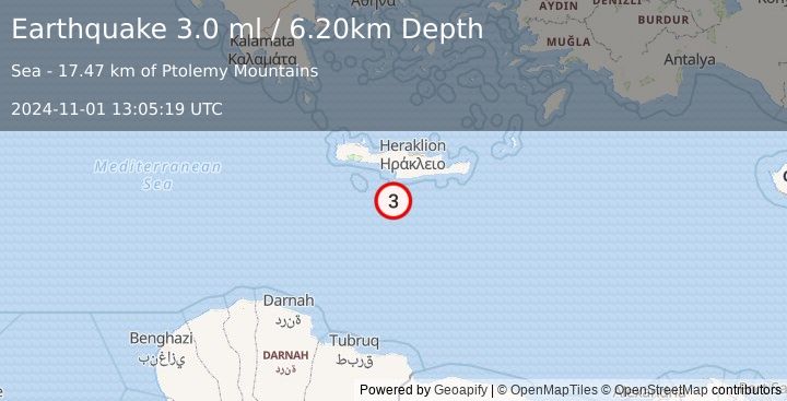 Earthquake CRETE, GREECE (3.0 ml) (2024-11-01 13:05:19 UTC)