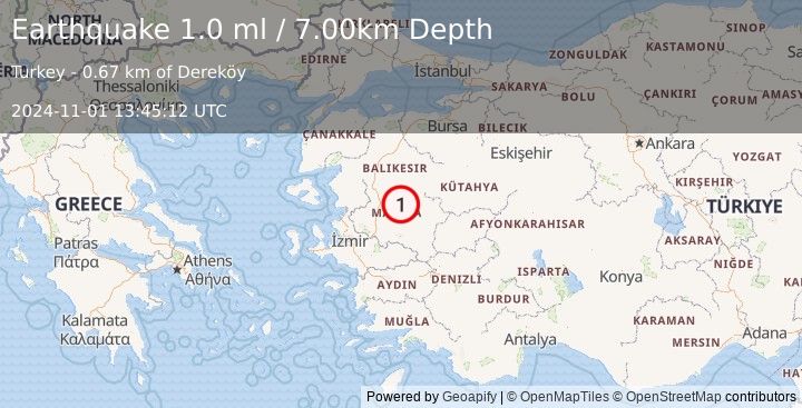 Earthquake WESTERN TURKEY (1.0 ml) (2024-11-01 13:45:12 UTC)