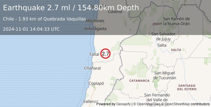 Earthquake ANTOFAGASTA, CHILE (2.7 ml) (2024-11-01 14:04:33 UTC)