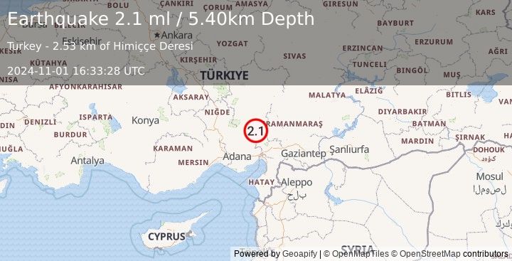 Earthquake CENTRAL TURKEY (2.1 ml) (2024-11-01 16:33:28 UTC)