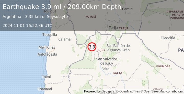 Earthquake JUJUY, ARGENTINA (3.9 ml) (2024-11-01 16:52:36 UTC)