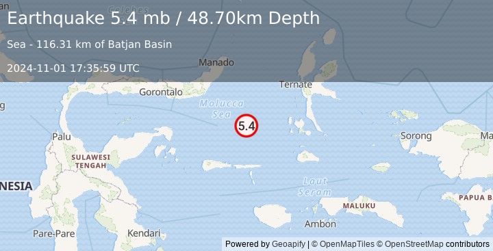 Earthquake MOLUCCA SEA (5.4 mb) (2024-11-01 17:35:59 UTC)