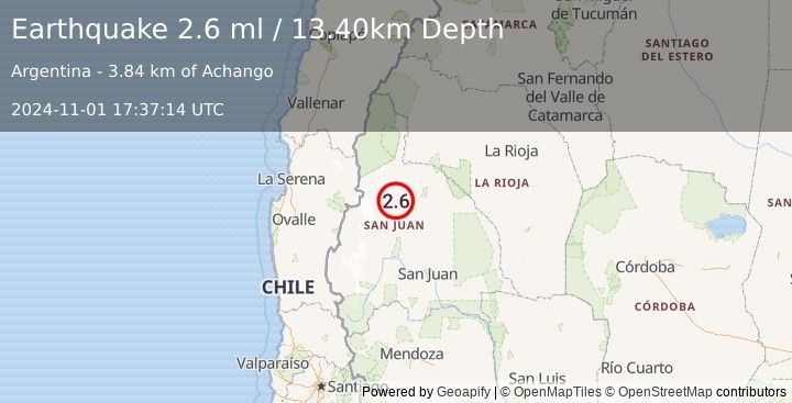 Earthquake SAN JUAN, ARGENTINA (2.6 ml) (2024-11-01 17:37:14 UTC)