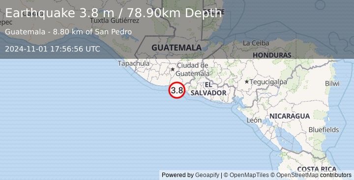 Earthquake OFFSHORE GUATEMALA (3.8 m) (2024-11-01 17:56:56 UTC)