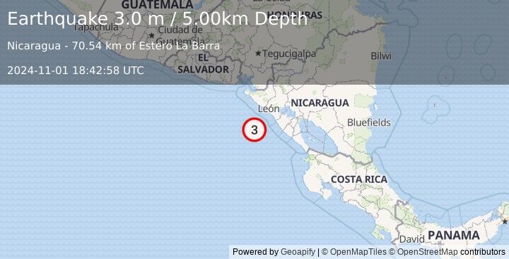 Earthquake NEAR COAST OF NICARAGUA (3.0 m) (2024-11-01 18:42:58 UTC)