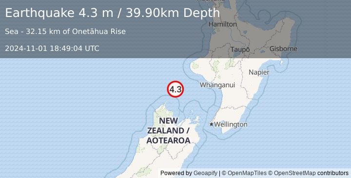 Earthquake COOK STRAIT, NEW ZEALAND (4.3 m) (2024-11-01 18:49:04 UTC)