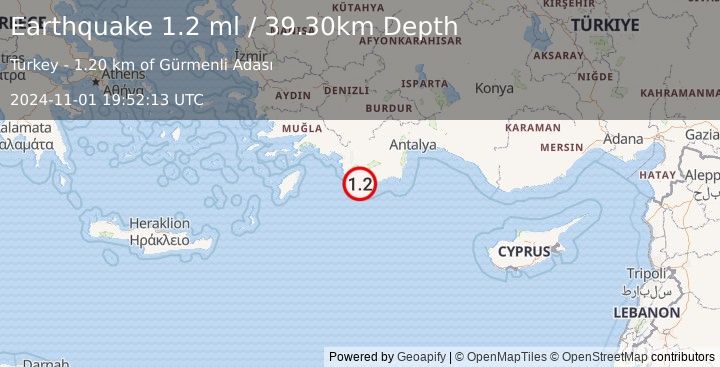 Earthquake WESTERN TURKEY (1.2 ml) (2024-11-01 19:52:13 UTC)