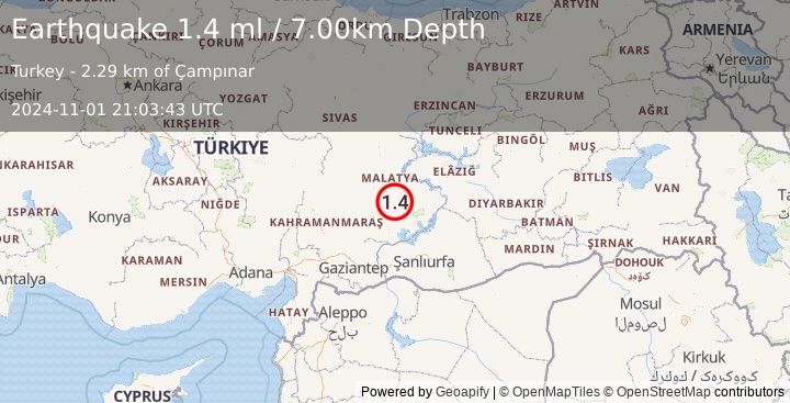 Earthquake EASTERN TURKEY (1.4 ml) (2024-11-01 21:03:43 UTC)