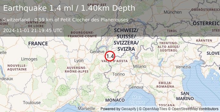 Earthquake SWITZERLAND (1.4 ml) (2024-11-01 21:19:45 UTC)