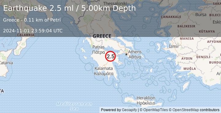 Earthquake SOUTHERN GREECE (2.5 ml) (2024-11-01 23:59:04 UTC)