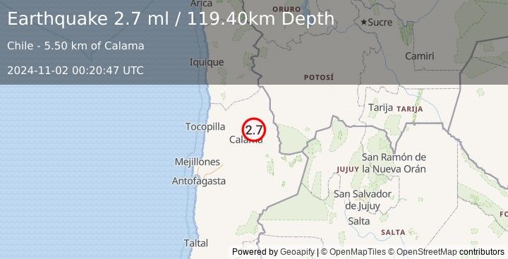 Earthquake ANTOFAGASTA, CHILE (2.7 ml) (2024-11-02 00:20:47 UTC)