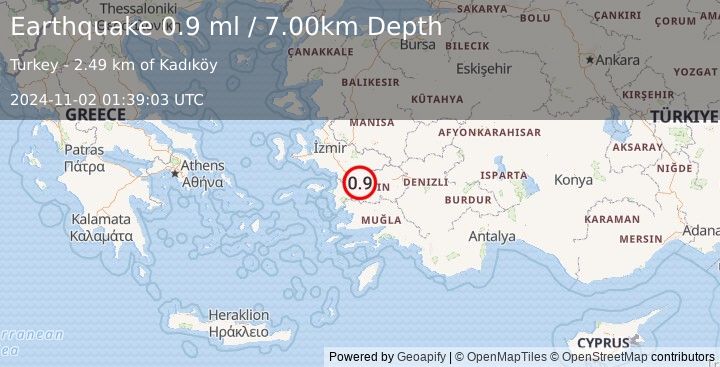 Earthquake WESTERN TURKEY (0.9 ml) (2024-11-02 01:39:03 UTC)