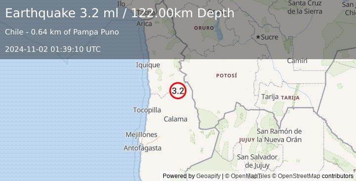 Earthquake ANTOFAGASTA, CHILE (3.2 ml) (2024-11-02 01:39:10 UTC)