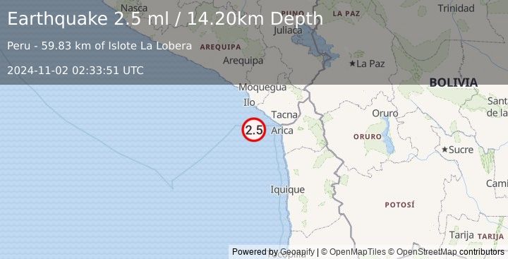 Earthquake OFF COAST OF TARAPACA, CHILE (2.5 ml) (2024-11-02 02:33:51 UTC)