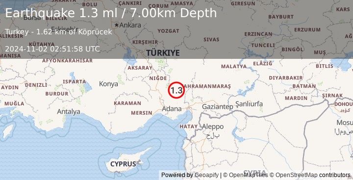 Earthquake CENTRAL TURKEY (1.3 ml) (2024-11-02 02:51:58 UTC)