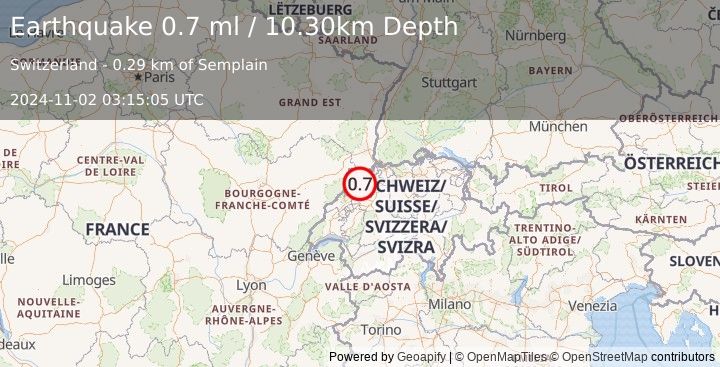 Earthquake SWITZERLAND (0.7 ml) (2024-11-02 03:15:05 UTC)