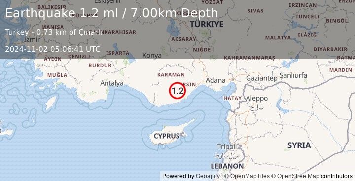 Earthquake CENTRAL TURKEY (1.2 ml) (2024-11-02 05:06:41 UTC)