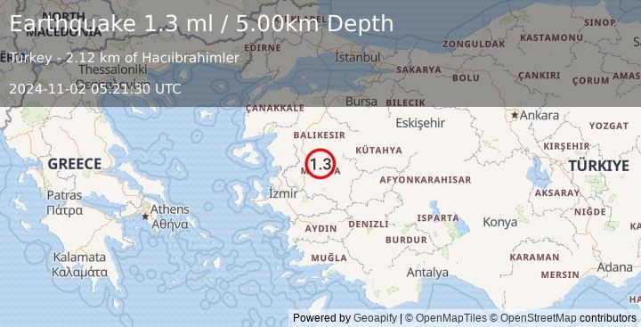 Earthquake WESTERN TURKEY (1.3 ml) (2024-11-02 05:21:30 UTC)