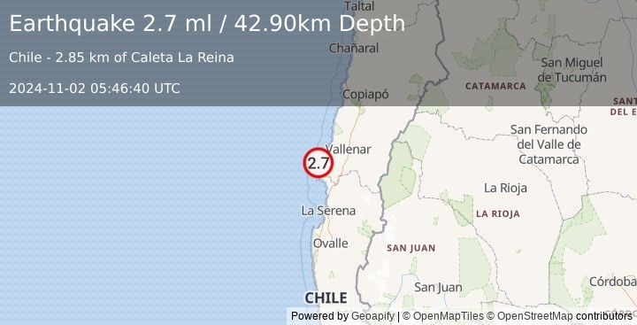 Earthquake OFFSHORE ATACAMA, CHILE (2.7 ml) (2024-11-02 05:46:40 UTC)