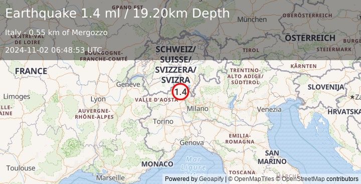 Earthquake NORTHERN ITALY (1.4 ml) (2024-11-02 06:48:53 UTC)