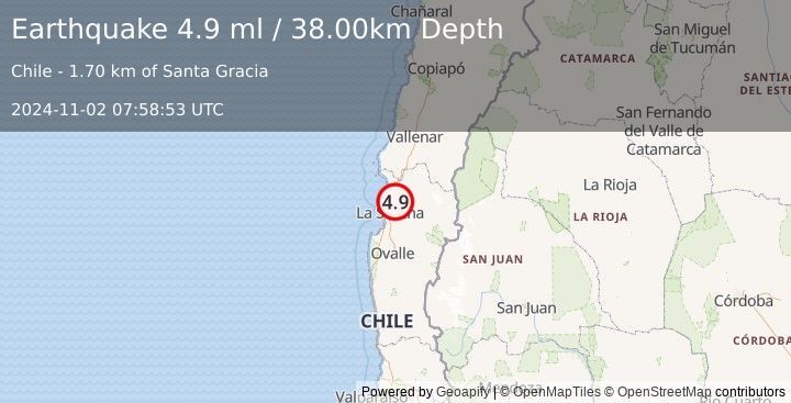 Earthquake COQUIMBO, CHILE (4.9 ml) (2024-11-02 07:58:53 UTC)