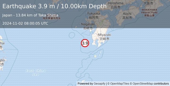 Earthquake KYUSHU, JAPAN (3.9 m) (2024-11-02 08:00:05 UTC)