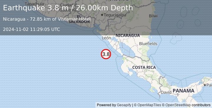 Earthquake NEAR COAST OF NICARAGUA (3.8 m) (2024-11-02 11:29:05 UTC)