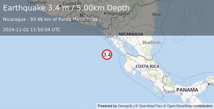 Earthquake NEAR COAST OF NICARAGUA (3.4 m) (2024-11-02 11:50:04 UTC)