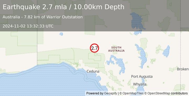 Earthquake SOUTH AUSTRALIA (2.7 mla) (2024-11-02 13:32:33 UTC)