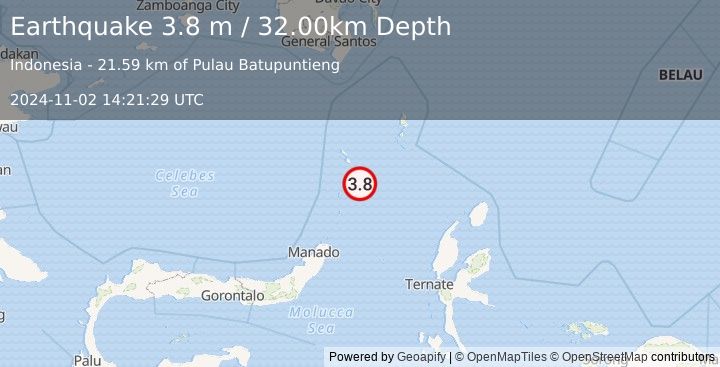 Earthquake KEPULAUAN SANGIHE, INDONESIA (3.8 m) (2024-11-02 14:21:29 UTC)