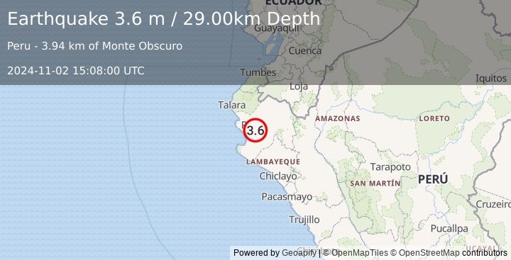 Earthquake NEAR COAST OF NORTHERN PERU (3.6 m) (2024-11-02 15:08:00 UTC)