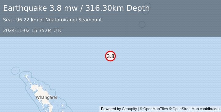 Earthquake SOUTH OF KERMADEC ISLANDS (3.8 mw) (2024-11-02 15:35:04 UTC)