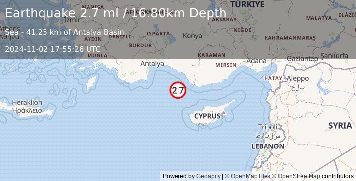 Earthquake CYPRUS REGION (2.7 ml) (2024-11-02 17:55:26 UTC)