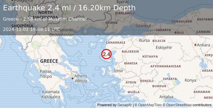 Earthquake NEAR THE COAST OF WESTERN TURKEY (2.4 ml) (2024-11-02 18:08:11 UTC)