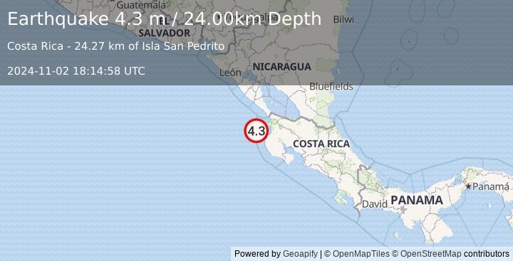 Earthquake OFF COAST OF COSTA RICA (4.3 m) (2024-11-02 18:14:58 UTC)