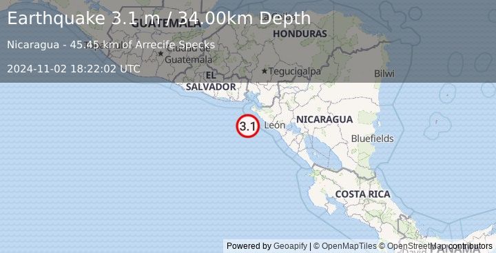 Earthquake NEAR COAST OF NICARAGUA (3.1 m) (2024-11-02 18:22:02 UTC)