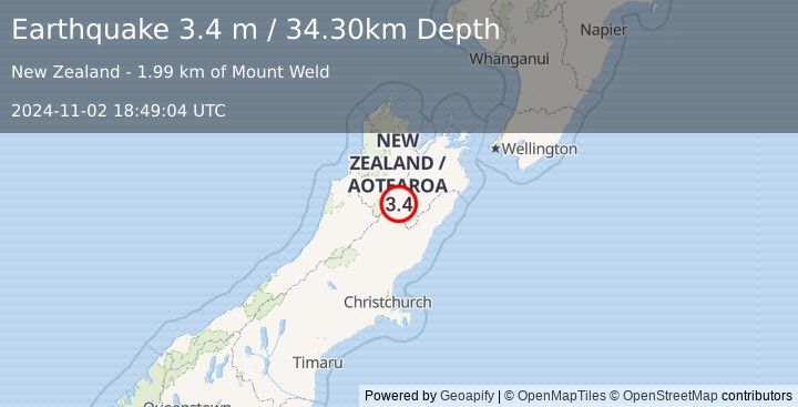 Earthquake SOUTH ISLAND OF NEW ZEALAND (3.4 m) (2024-11-02 18:49:04 UTC)