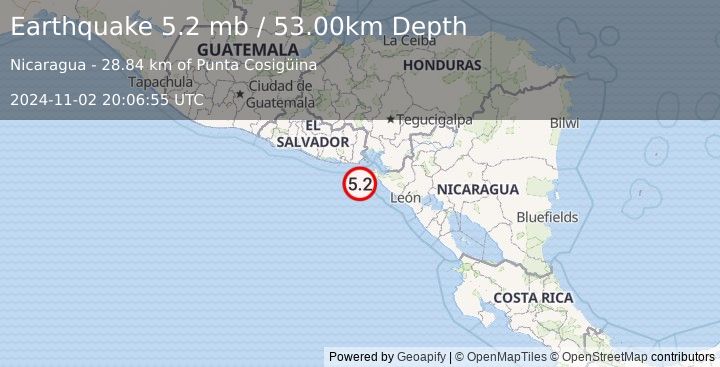 Earthquake NEAR COAST OF NICARAGUA (5.2 mb) (2024-11-02 20:06:55 UTC)