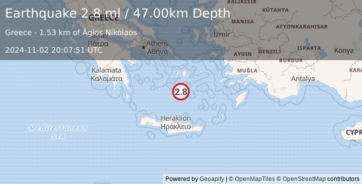 Earthquake DODECANESE ISLANDS, GREECE (2.8 ml) (2024-11-02 20:07:51 UTC)