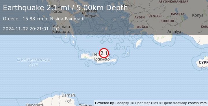 Earthquake CRETE, GREECE (2.1 ml) (2024-11-02 20:21:01 UTC)