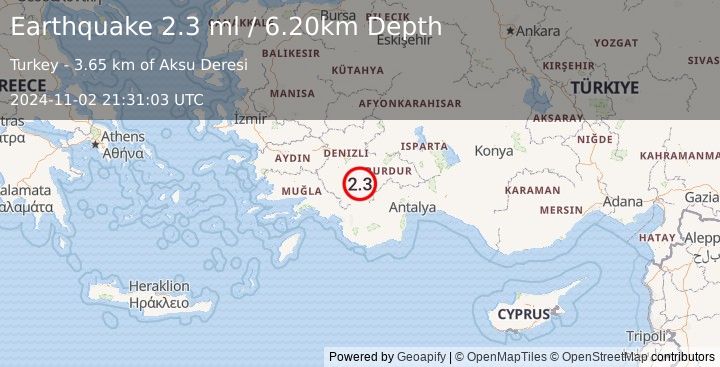 Earthquake WESTERN TURKEY (2.3 ml) (2024-11-02 21:31:03 UTC)